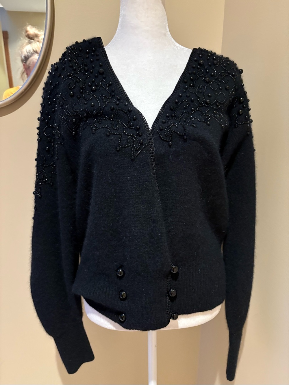 Vintage Side Effects Black Beaded Cardigan Sweater Lambswool Angora Large
